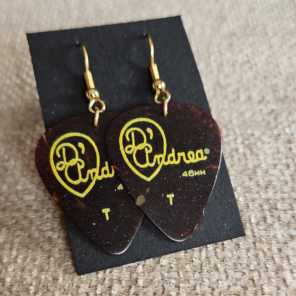 D'Andrea Guitar Pick Earrings - Dark Tortoiseshell with Yellow Logo